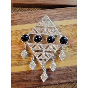 Sarah Coventry Black Lucite Cab Clear Rhinestone Art Deco Style Operetta Brooch